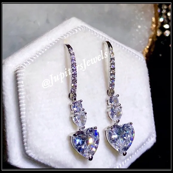 NEW WHITE GOLD DOUBLE HEART SIMULATED DIAMOND DROP EARRINGS - Picture 3 of 7